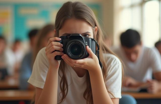 Student taking photo with DSLR camera