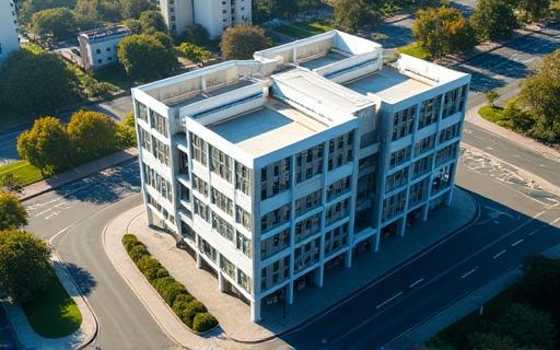 Student drone photo of a modern building from an aerial perspective